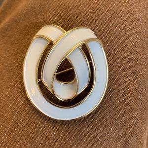 Vintage Trifari white enamel & gold brooch. 1.75” x 1.6”. Good strong pin/clasp